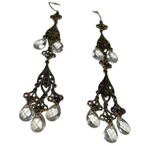 Victorian Inspired Ornate long Gold Tone and Clear glass/crystal drop earrings